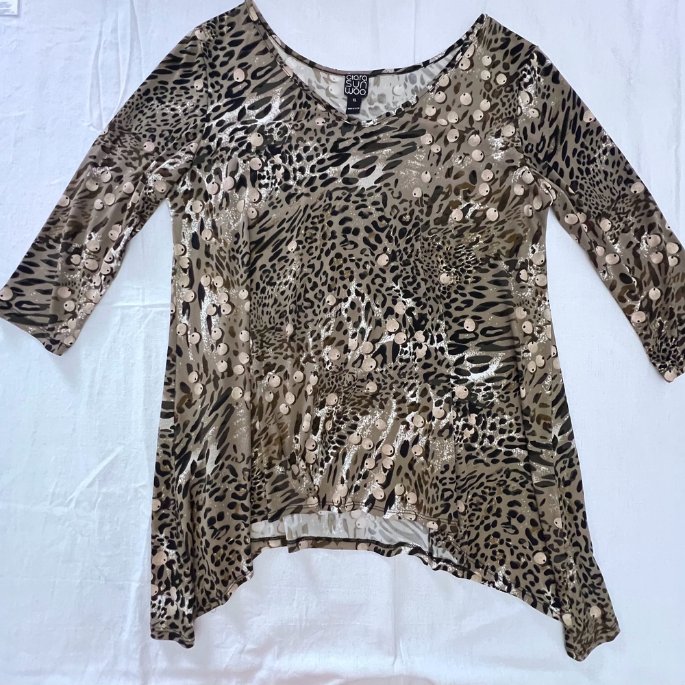 Clara Sunwoo XL Brown Black Animal Print Liquid Knit Top Metallic Dot Accent